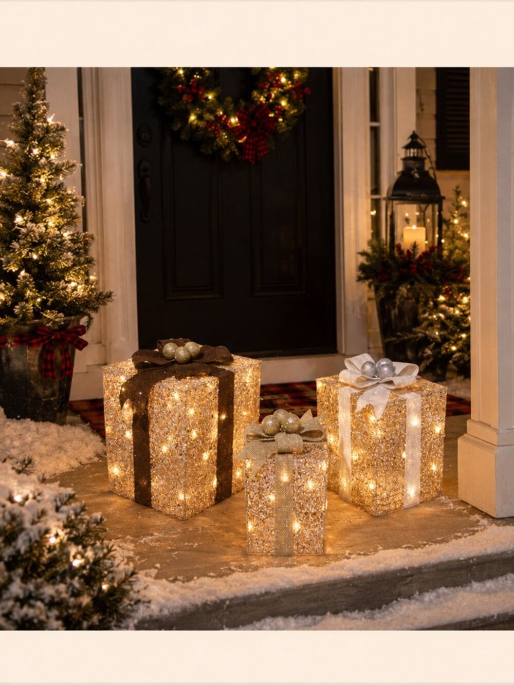 Title: Glittering Champagne Lighted Sculpture Set of 3 Gift Boxes Indoor/Outdoor